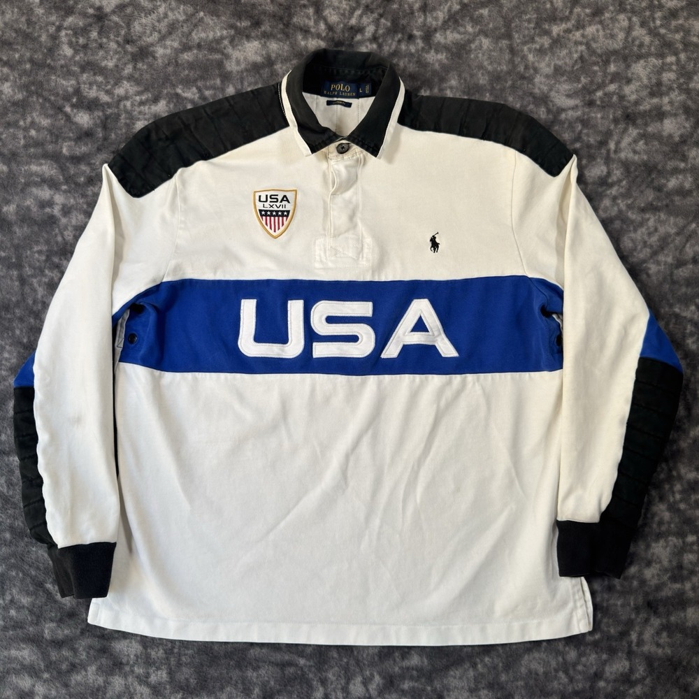 Ralph Lauren Mens L USA LXVII Rugby Colorblock Long Sleeve Polo White